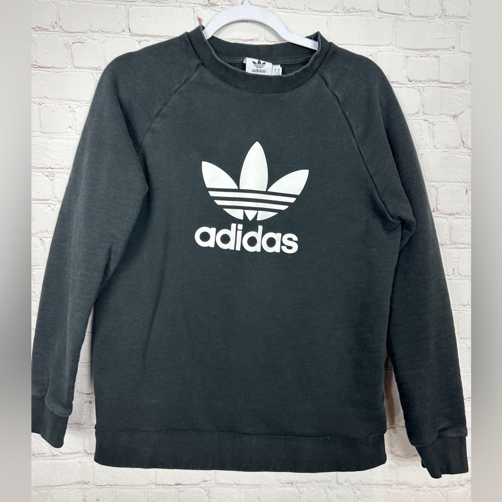 Adidas Trefoil Big Logo Spell Out Black Crewneck Pullover Jumper Sweatshirt M